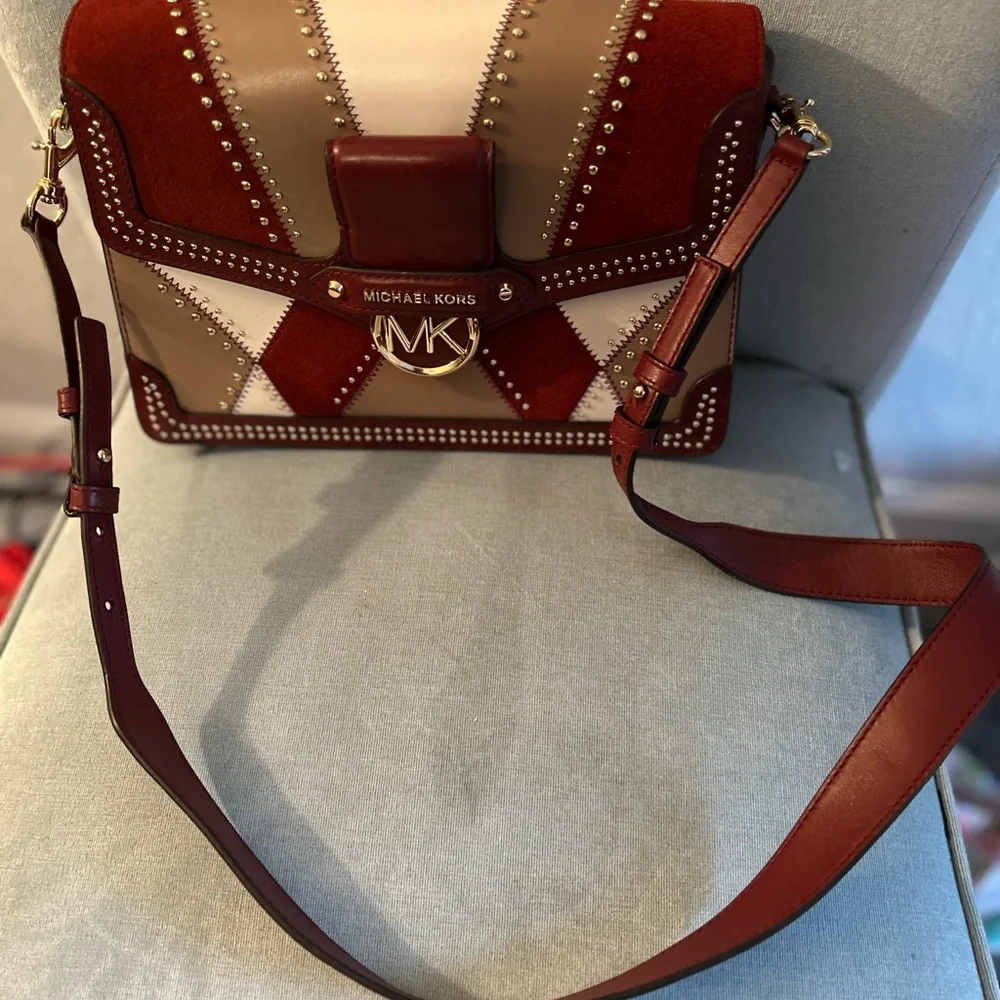 Michael Kors Jessee Brown Patchwork Leather Crossbody Shoulder Bag